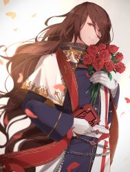 Rule 34 | 1boy, blue robe, blurry, book, bouquet, brown eyes, brown hair, capelet, chain belt, cowboy shot, depth of field, fate/grand order, fate (series), flower, georgios (fate), gloves, gold trim, hair between eyes, highres, holding, holding book, holding bouquet, long hair, looking at viewer, male focus, mixed-language commentary, petals, red flower, red rose, robe, rose, sash, simple background, smile, solo, stole, swept bangs, wavy hair, white background, white capelet, white gloves, white sash, yukiko (yukkyu)