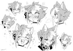 Rule 34 | 1boy, :3, :d, ?, absurdres, animal ear fluff, animal ears, blush, clenched teeth, closed eyes, closed mouth, dog boy, dog ears, embarrassed, expressions, fang, flower, full-face blush, genshin impact, gorou (genshin impact), greyscale, hair between eyes, hair ribbon, highres, homare (g hmr88), jitome, male focus, monochrome, multicolored hair, multiple views, notice lines, open mouth, paw print, portrait, ribbon, scowl, sidelocks, simple background, smile, streaked hair, teeth, wide-eyed
