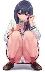 Rule 34 | 10s, 1girl, arm scrunchie, artist request, ass, black hair, black skirt, blue eyes, bow, bowtie, cardigan, cellphone, closed mouth, female focus, full body, gridman universe, highres, holding, holding phone, jitome, knees, long hair, long sleeves, miniskirt, panties, pantyshot, phone, pleated skirt, red bow, red bowtie, scrunchie, shoes, simple background, skirt, smartphone, socks, solo, squatting, ssss.gridman, sweater, swept bangs, takarada rikka, thick thighs, thighs, underwear, white background, white panties, white sweater, wrist scrunchie