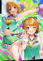 Rule 34 | 1girl, :d, ;d, alternate costume, armpits, ascot, bow, cheerleader, collarbone, green bow, green skirt, hair bow, koizumi hanayo, looking at viewer, love live!, love live! school idol project, midriff, multiple views, nakano maru, navel, one eye closed, open mouth, outstretched arm, pom pom (cheerleading), purple eyes, skirt, sleeveless, smile, teeth, upper teeth only, yellow ascot