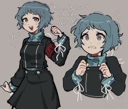 Rule 34 | 1girl, aqua eyes, aqua hair, armband, black skirt, blush, commentary, crying, english commentary, english text, flying sweatdrops, gekkoukan high school uniform, green sweater, grey background, highres, long sleeves, looking at viewer, multiple views, open mouth, persona, persona 3, remdevv, school uniform, short hair, signature, simple background, skirt, smile, sweater, tearing up, tears, teeth, turtleneck, turtleneck sweater, uniform, upper teeth only, yamagishi fuuka