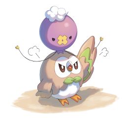 Rule 34 | puff of air, bird, bright pupils, brown eyes, commentary request, creatures (company), drifloon, game freak, gen 4 pokemon, gen 7 pokemon, mokukitusui, nintendo, no humans, on head, open mouth, pokemon, pokemon (creature), pokemon on head, rowlet, tongue, white background, white pupils