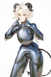 Rule 34 | 1girl, absurdres, ahoge, armor, blonde hair, borrowed character, braid, breastplate, chainmail, commentary, demon girl, demon horns, demon tail, english commentary, faulds, fingersmile, gauntlets, highres, horns, long hair, looking at viewer, low ponytail, medieval, original, plate armor, pointy ears, solo, susan (rakeemspoon), tail, wass nonnam, white background, yellow eyes