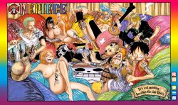 Rule 34 | 2girls, 6+boys, alcohol, barefoot, barrel, beer, beer bottle, black eyes, black hair, blonde hair, blue hair, blue shorts, breasts, brook (one piece), chain, cigarette, cup, drinking glass, closed eyes, facial tattoo, food, franky (one piece), gold chain, green hair, hat, highres, looking at viewer, meat, monkey d. luffy, multiple boys, multiple girls, nami (one piece), nico robin, nipples, nude filter, oda eiichirou, one piece, open mouth, orange hair, roronoa zoro, sanji (one piece), short hair, shorts, shoulder tattoo, smoking, straw hat, sword, tagme, tattoo, tattoo on legs, third-party edit, tony tony chopper, usopp, weapon, wine glass