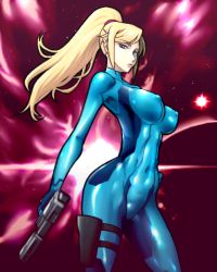 Rule 34 | 1girl, artist request, blonde hair, blue eyes, bodysuit, breasts, cameltoe, covered erect nipples, covered navel, gun, holster, metroid, nintendo, samus aran, skin tight, solo, source request, space, tagme, weapon, zero suit