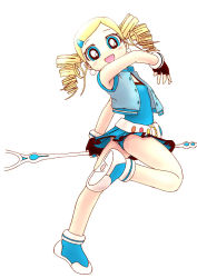 Rule 34 | 00s, 1girl, ass, blonde hair, blue eyes, blue skirt, drill hair, earrings, female focus, fingerless gloves, gloves, goutokuji miyako, jacket, jewelry, leg up, looking at viewer, md5 mismatch, open mouth, pearl earrings, powerpuff girls, powerpuff girls z, resolution mismatch, rolling bubbles, shoes, simple background, skirt, smile, sneakers, solo, source larger, staff, twin drills, twisted torso, upskirt, white background