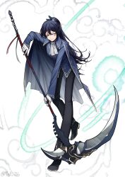 Rule 34 | 1boy, argalia (project moon), argalia (project moon) (cosplay), ascot, black eyes, black hair, black pants, blue cape, blue jacket, cape, closed mouth, cosplay, full body, half updo, heterochromia, highres, holding, holding scythe, hong lu (project moon), jacket, library of ruina, limbus company, long hair, male focus, mell 716, pants, project moon, scythe, simple background, smile, solo, standing, very long hair, white ascot, white background