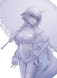 Rule 34 | 1girl, ahoge, alternate costume, bikini, black nails, breasts, cleavage, commentary request, cosplay, fate/grand order, fate (series), fingernails, grey hair, hand on own hip, highres, holding, holding umbrella, jeanne d&#039;arc alter (fate), lady avalon (fate), lady avalon (fate) (cosplay), long hair, looking at viewer, medium breasts, merlin (fate/prototype), navel, pale skin, parasol, roro 982, simple background, solo, stomach, swimsuit, umbrella, very long hair, white background, white bikini, white umbrella, yellow eyes