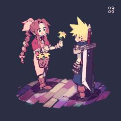 Rule 34 | 1boy, 1girl, aerith gainsborough, armor, bangle, basket, blonde hair, blue pants, blue shirt, boots, bracelet, braid, braided ponytail, brick floor, brown footwear, brown hair, buster sword, choker, cloud strife, cobblestone, cropped jacket, dated, dress, final fantasy, final fantasy vii, flower, flower basket, full body, green eyes, hair ribbon, highres, holding, holding basket, holding flower, jacket, jewelry, lily (flower), long dress, long hair, looking at another, materia, nobu (25mark), open mouth, pants, parted bangs, pink dress, pink ribbon, red jacket, ribbon, ribbon choker, shirt, short hair, short sleeves, shoulder armor, sidelocks, single braid, sleeveless, sleeveless turtleneck, smile, spiked hair, turtleneck, weapon, weapon on back, yellow flower