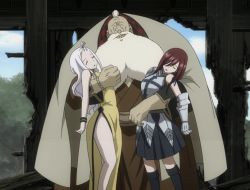 Rule 34 | 1boy, 2girls, crawford seam, erza scarlet, closed eyes, fairy tail, highres, long hair, mirajane strauss, multiple girls, old, old man, red hair, sleeping, stitched, tattoo, third-party edit, unconscious, white hair
