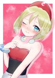 Rule 34 | 1girl, absurdres, arm at side, bangle, bare shoulders, blonde hair, blue eyes, blush, border, bracelet, breasts, collar tug, covered navel, creatures (company), dress, embarrassed, game freak, hair between eyes, hair ornament, highres, irida (pokemon), jewelry, kion (namarock8686), looking at viewer, nintendo, one eye closed, pokemon, pokemon legends: arceus, red background, short hair, sleeveless, small breasts, steam, steaming body, strapless, strapless dress, sweat, upper body, wet, white border