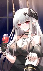 Rule 34 | 1girl, absurdres, alcohol, arknights, black dress, black gloves, breasts, cleavage, cup, cupping glass, curtains, detached sleeves, dress, earrings, gloves, highres, holding, holding cup, holding hands, horns, indoors, jewelry, large breasts, long hair, looking at viewer, mudrock (arknights), mudrock (obsidian) (arknights), night, night sky, official alternate costume, pointy ears, red eyes, short sleeves, single glove, sky, sleeveless, sleeveless dress, smile, solo focus, upper body, very long hair, white gloves, white hair, window, wine, zhihe box