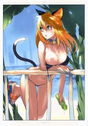Rule 34 | 1girl, animal ears, arched back, bikini, cat ears, cat tail, collar, day, dildo, highres, neck bell, nipples, one breast out, outdoors, sex toy, solo, swimsuit, tagme, tail, yukimi