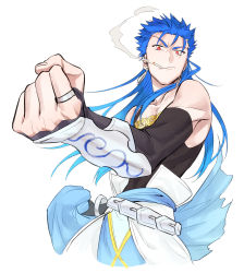 Rule 34 | 1boy, angry, belt, blue hair, clenched hand, closed mouth, collarbone, cu chulainn (fate), cu chulainn (caster) (fate), detached sleeves, earrings, fate/grand order, fate (series), floating hair, foreshortening, highres, jewelry, cu chulainn (fate/stay night), long hair, looking at viewer, looking down, male focus, muscular, namo, red eyes, ring, simple background, skin tight, smoke, smoking, solo, spiked hair, tank top, type-moon, vambraces