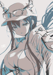 Rule 34 | 1girl, arknights, artist name, baseball cap, blue theme, breasts, ch&#039;en (arknights), ch&#039;en the holungday (arknights), cleavage, closed mouth, collared shirt, dragon horns, eyewear on head, harutari, hat, highres, horns, horns through headwear, jacket, large breasts, long hair, long sleeves, looking at viewer, monochrome, open clothes, open jacket, shirt, sidelocks, simple background, solo, upper body, white background