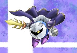 Rule 34 | 1boy, armor, cape, galaxia (sword), gloves, holding, holding sword, holding weapon, kicdon, kirby (series), male focus, mask, meta knight, nintendo, no humans, pauldrons, shoulder armor, solo, super smash bros., sword, weapon, white gloves, yellow eyes
