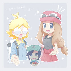 Rule 34 | 1girl, 2boys, ahoge, akasaka (qv92612), backpack, bag, baseball cap, black hair, blonde hair, blue jumpsuit, brown hair, card, clemont (pokemon), collared shirt, commentary request, creatures (company), eyewear on headwear, game freak, glasses, green headwear, grey background, grey eyes, handbag, hat, high collar, highres, holding, holding card, jumpsuit, long hair, long sleeves, multiple boys, nintendo, notice lines, opaque glasses, open mouth, outstretched hand, pink bag, pink headwear, pokemon, pokemon masters ex, pokemon xy, red skirt, round eyewear, scottie (pokemon), serena (pokemon), shirt, short hair, skirt, sleeveless, sleeveless shirt, sparkle, sunglasses, sweat, tongue, translation request, white-framed eyewear, white bag