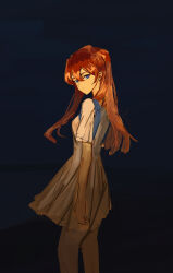 Rule 34 | 1girl, absurdres, bare legs, blue eyes, blue skirt, breasts, brown hair, expressionless, highres, interface headset, long hair, looking at viewer, looking back, lucky strike (artist), medium breasts, neck ribbon, neon genesis evangelion, red ribbon, ribbon, school uniform, shirt, simple background, sketch, skirt, solo, souryuu asuka langley, suspender skirt, suspenders, tokyo-3 middle school uniform, twintails, white shirt