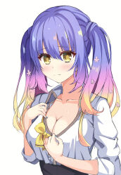 Rule 34 | 1girl, :3, absurdres, blue hair, blue nails, blush, bow, breasts, bright pupils, cleavage, closed mouth, collarbone, collared shirt, commentary, eyelashes, eyes visible through hair, flower, gradient hair, gyaru, hair between eyes, hair flower, hair ornament, hands up, highres, hot, kogal, kohibari kurumi, large breasts, long hair, looking at viewer, multicolored hair, nail polish, niki 7801700, partially unbuttoned, pink flower, pinky out, raised eyebrows, school uniform, shirt, sidelocks, simple background, sketch, sleeves rolled up, smile, solo, split mouth, straight hair, sweat, tenshi souzou re-boot!, tsurime, twintails, upper body, white background, white shirt, yellow bow, yellow eyes