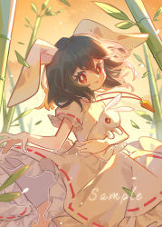 Rule 34 | 1girl, :p, animal, animal ears, bamboo, bamboo forest, black hair, bright pupils, carrot necklace, dress, falling leaves, feet out of frame, floppy ears, forest, hair between eyes, holding, holding animal, inaba tewi, jewelry, leaf, medium hair, nature, necklace, orange sky, puffy short sleeves, puffy sleeves, rabbit, rabbit ears, red eyes, ribbon-trimmed dress, sample watermark, short sleeves, sky, smile, solo, suelement, tongue, tongue out, touhou, watermark, white dress, white pupils