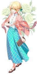 Rule 34 | 1girl, :d, alternate costume, antenna hair, artoria pendragon (all), artoria pendragon (fate), bag, blonde hair, blush, bracelet, braid, crown braid, dress shirt, earrings, fate/grand order, fate/stay night, fate (series), floral background, full body, green eyes, hair ornament, handbag, high heels, highres, holding, holding bag, jacket, jacket on shoulders, jewelry, long skirt, looking at viewer, open mouth, pink jacket, plaid, plaid skirt, poligon (046), saber (fate), shirt, shirt tucked in, sidelocks, signature, simple background, skirt, smile, solo, white background
