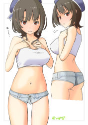 Rule 34 | 10s, 1girl, alternate costume, bare arms, bare legs, bare shoulders, beret, black hair, blush, breast suppress, breasts, cowboy shot, crop top, denim, denim shorts, dual persona, from behind, hands on own chest, hat, kantai collection, large breasts, looking at viewer, midriff, navel, pov, red eyes, short hair, short shorts, shorts, sigh, solo, takao (kancolle), yunsuku