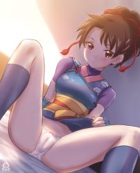 Rule 34 | 1girl, a-plug, bed, brown eyes, brown hair, cameltoe, cleft of venus, highres, japanese clothes, lifting own clothes, looking at viewer, nanase (street fighter), panties, presenting, sitting, solo, street fighter, street fighter ex (series), underwear, white panties