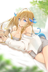 Rule 34 | 1girl, arknights, bad id, bad pixiv id, bare shoulders, blonde hair, blue eyes, breasts, camisole, character doll, cleavage, collarbone, commentary request, grey shorts, hair between eyes, highres, horns, large breasts, long hair, long sleeves, looking at viewer, off shoulder, saileach (arknights), shirt, short shorts, shorts, smile, solo, spaghetti strap, tail, thighs, very long hair, white shirt, yokaze (yokajie)