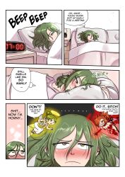 Rule 34 | alarm clock, angel and devil, angel wings, artist self-insert, bed, blanket, blush, breasts, cleavage, clock, comic, commentary, demon girl, demon horns, demon tail, demon wings, dress, elbow gloves, english commentary, english text, evil grin, evil smile, frown, gloves, green eyes, grey hair, grin, hair bun, hair over one eye, halo, harp, heavy breathing, highres, holding, holding pitchfork, horns, instrument, issa castagno, issa castagno (character), large breasts, messy hair, original, pitchfork, sharp teeth, shoulder angel, shoulder devil, single hair bun, smelling, smile, tail, teeth, under covers, white dress, wings