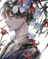 Rule 34 | 1boy, absurdres, brown eyes, brown hair, crying, crying with eyes open, flower, formal, highres, looking down, male focus, original, orokudesu, petals, profile, short hair, sidelocks, solo, spider lily, suit, tears, tulip, white background
