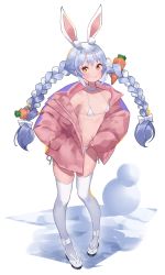 Rule 34 | 1girl, absurdres, bikini, blue hair, blush, braid, breasts, brown eyes, carrot hair ornament, choker, closed mouth, commentary request, flat chest, food-themed hair ornament, hair ornament, highres, hololive, jacket, long sleeves, looking at viewer, micro bikini, navel, open clothes, open jacket, pink jacket, pretty mundane, shoes, short eyebrows, smile, solo, string bikini, swimsuit, thick eyebrows, thighhighs, twin braids, usada pekora, virtual youtuber, white bikini, white choker, white footwear, white thighhighs