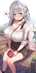Rule 34 | 1girl, bench, between breasts, black choker, black socks, black wristband, blush, box, box of chocolates, braid, breasts, choker, collarbone, commentary request, crown braid, green eyes, grey skirt, heart, holding, hololive, huge breasts, legs, lens flare, off-shoulder sweater, off shoulder, open mouth, plaid, plaid skirt, plant, pleated skirt, shirogane noel, shirogane noel (casual), short hair, silver hair, sitting, skirt, sleeves past elbows, snowflake choker, socks, solo, spoken heart, strap between breasts, sweater, thighs, tomose shunsaku, valentine, virtual youtuber, white sweater, wristband