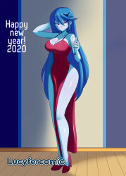 Rule 34 | !, 1girl, 2020, absurdres, artist name, bare arms, bare legs, bare shoulders, blue hair, blue skin, breasts, cleavage, colored skin, covered navel, cowboy shot, cup, curvy, dated, dress, expressionless, floating hair, full body, hand in own hair, happy new year, highres, holding, holding cup, large breasts, long hair, looking at viewer, lucy (lucyfer), lucyfer, new year, no bra, original, red dress, red eyes, shiny skin, simple background, solo, standing, thighs, very long hair, wide hips
