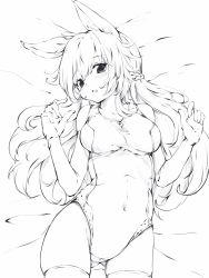 Rule 34 | 1girl, animal ears, artist request, braid, breasts, covered navel, elbow gloves, gloves, gluteal fold, highres, long hair, lying, monochrome, on back, one-piece swimsuit, open mouth, original, rabbit ears, rabbit girl, sketch, solo, swimsuit, thighhighs, thighs