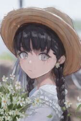Rule 34 | 1girl, black hair, blurry, blurry background, blush, bouquet, braid, brown hat, chinese commentary, closed mouth, commentary, falling leaves, flower, frilled shirt, frills, from side, grey eyes, gumiaoandpeace, hat, hat ribbon, holding, holding bouquet, leaf, long hair, original, outdoors, portrait, ribbon, shirt, slit pupils, solo, twin braids, white flower, white ribbon, white shirt