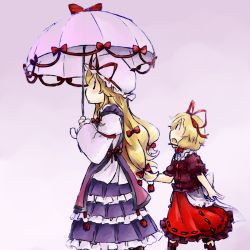 Rule 34 | 2girls, age difference, black eyes, blonde hair, bow, closed mouth, dress, frilled dress, frilled skirt, frills, hair bow, hair ribbon, hat, hat ribbon, holding, holding umbrella, long hair, long sleeves, looking back, looking up, medicine melancholy, mob cap, multiple girls, open mouth, profile, purple background, purple dress, red skirt, ribbon, short hair, short sleeves, skirt, standing, tabard, talking, touhou, umbrella, wide sleeves, yaise, yakumo yukari