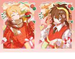 Rule 34 | 2boys, aliang699, apple, atou haruki, blonde hair, brown hair, brown scarf, candy, chinese commentary, christmas, closed eyes, closed mouth, collared shirt, commentary request, diagonal-striped clothes, diagonal-striped necktie, food, fruit, gift, green eyes, hair between eyes, holding, holding candy, holding food, holding fruit, holding lollipop, isoi reiji, lollipop, long sleeves, low ponytail, male focus, multiple boys, necktie, plaid, plaid scarf, red sweater, red sweater vest, saibou shinkyoku, sanpaku, scarf, shirt, short hair, short ponytail, solo, sticker on face, striped clothes, sweater, sweater vest, swirl lollipop, white shirt