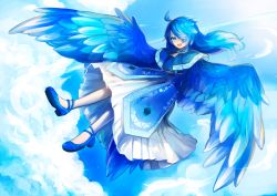 Rule 34 | 1girl, absurdres, ankle strap, bird girl, bird tail, bird wings, blue eyes, blue hair, capelet, cloud, cloudy sky, dress shirt, fang, fang out, fangs, fangs out, feathered wings, feathers, flying, highres, hogara, jewelry, long hair, looking at viewer, monster girl, neck ring, original, sharp teeth, shirt, sky, spread wings, tail, teeth, winged arms, wings