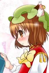 Rule 34 | 1girl, animal ears, blush, bow, brown eyes, brown hair, cat ears, cat girl, chen, clothes grab, dress, ear piercing, earrings, female focus, hat, jewelry, piercing, red dress, shirt, short hair, solo, takamoto akisa, touhou, translation request