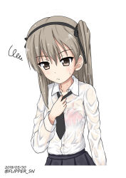 Rule 34 | 10s, 1girl, adjusting clothes, adjusting necktie, black necktie, black ribbon, black skirt, bra, brown eyes, closed mouth, dated, dress shirt, flipper, frown, girls und panzer, hair ribbon, light brown hair, long hair, military, military uniform, necktie, one-hour drawing challenge, pleated skirt, ribbon, see-through, selection university military uniform, shimada arisu, shirt, side ponytail, simple background, skirt, solo, squiggle, standing, twitter username, underwear, uniform, upper body, wet, wet clothes, wet shirt, white background, white shirt, wing collar