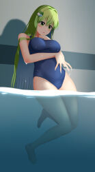 Rule 34 | 1girl, blue one-piece swimsuit, blush, breasts, collarbone, competition school swimsuit, covered navel, doge (jkdoge), frog hair ornament, green eyes, green hair, hair ornament, hair tubes, highres, indoors, kochiya sanae, large breasts, long hair, one-piece swimsuit, partially submerged, pool, school swimsuit, single hair tube, snake hair ornament, solo, swimsuit, touhou, water