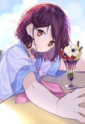 Rule 34 | 1girl, atelier (series), atelier sophie, black hair, blush, brown eyes, citron, commentary request, cream, food, from side, fruit, highres, looking at viewer, ryuuno6, shirt, short hair, short sleeves, smile, solo, sophie neuenmuller, strawberry, white shirt