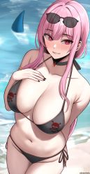 Rule 34 | 1girl, absurdres, arm behind back, beach, bikini, black choker, black nails, breasts, choker, cleavage, collarbone, edmun6969, eyewear on head, grin, groin, halterneck, hand on own chest, highres, hololive, hololive english, large breasts, long hair, mori calliope, nail polish, navel, pink hair, red eyes, shark fin, side-tie bikini bottom, smile, solo, stomach, sunglasses, swimsuit, very long hair, virtual youtuber, water