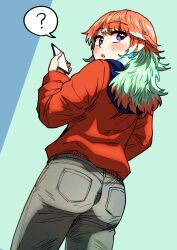 Rule 34 | 1girl, ?, cellphone, commentary, ddolbang, english commentary, from behind, gradient hair, green hair, grey pants, highres, holding, holding phone, hololive, hololive english, long hair, looking at viewer, multicolored hair, open mouth, orange hair, pants, phone, purple eyes, smartphone, solo, spoken question mark, takanashi kiara, upper body, virtual youtuber