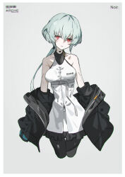 Rule 34 | 1girl, black jacket, black pantyhose, character name, commentary, cropped legs, dress, expressionless, feet out of frame, grey background, grey hair, highres, jacket, long hair, looking at viewer, low-tied long hair, neco, noir (synduality), pantyhose, red eyes, simple background, sleeveless, sleeveless dress, solo, synduality, white dress