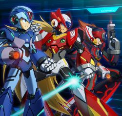 Rule 34 | 3boys, android, arm cannon, axl (mega man), blonde hair, blue eyes, brown hair, capcom, clenched hand, commentary request, energy blade, energy sword, green eyes, grin, gun, helmet, highres, holding, holding gun, holding weapon, long hair, male focus, mega man (series), mega man x (series), multiple boys, open mouth, ponytail, smile, sword, user fuyz3388, very long hair, weapon, x (mega man), zero (mega man)