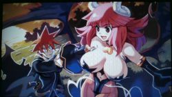 Rule 34 | 1boy, 1girl, bare shoulders, blush, breasts, demon, horns, la pucelle, large breasts, long hair, navel, open mouth, red eyes, red hair, smile, tagme