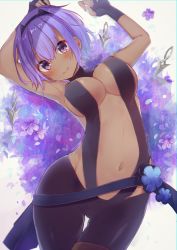 Rule 34 | 1girl, arms up, blush, bow, breasts, cleavage, dark skin, dark-skinned female, covered erect nipples, fate/prototype, fate/prototype: fragments of blue and silver, fate (series), hair bow, hassan of serenity (fate), kunai, large breasts, looking at viewer, lying, natsuki (ukiwakudasai), navel, on back, purple eyes, purple hair, short hair, solo, thigh gap, weapon