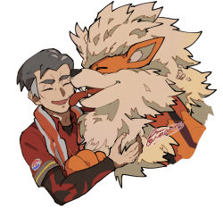 Rule 34 | 1boy, :d, arcanine, closed eyes, collared shirt, commentary request, creatures (company), dog, game freak, gen 1 pokemon, grey hair, kabu (pokemon), licking, licking another&#039;s face, lower teeth only, male focus, multicolored hair, nintendo, open mouth, pokemon, pokemon (creature), pokemon swsh, sagemaru-br, shirt, short sleeves, signature, smile, teeth, towel, towel around neck, two-tone hair