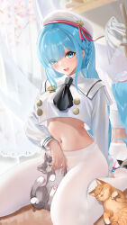 Rule 34 | 1girl, :d, absurdres, animal, azur lane, blue hair, braid, cat, crop top, hat, highres, janus (azur lane), janus (fear of changing...clothes) (azur lane), liu liaoliao, long hair, long sleeves, looking at viewer, midriff, navel, official alternate costume, open mouth, pantyhose, pleated skirt, shirt, sitting, skirt, smile, solo, teeth, upper teeth only, very long hair, wariza, white hat, white pantyhose, white shirt